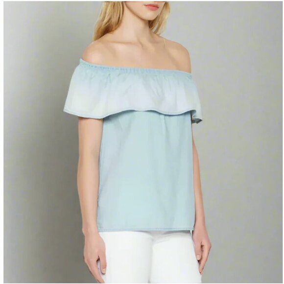 Soft Joie Off Shoulder Blouse Womens Blue Ruffle Cotton Chambray Relaxed Top - Picture 1 of 6